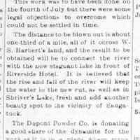          cr1913072501NewChannelToBeDug.jpg; William E. Stowe, Red Cross Dynamite to blow up lower end of Ox-Bow march on W.S. Harbert's land, Shriver's Lake, Dupont Powder Co.
   