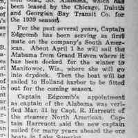          cr1939040701MorganEdgcombCaptSSAlabama.jpg; Morgan Edgcomb, SS Alabama, Chicago, Duluth and Georgian Bay Transit Company., R. Harreuott, South American,
   