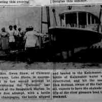          cr1953061901GwenShawChristensBoat.jpg; Gwen Shaw of Chimney Corners, Lake Shore, christening the Carousel at Saugatuck Marine. Dick Hoffman
   