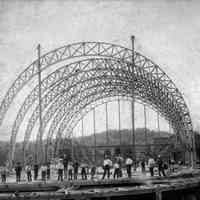          bf009.jpg 1.4MB; Workers posing in front of completed Big Pavilion truss arches
   