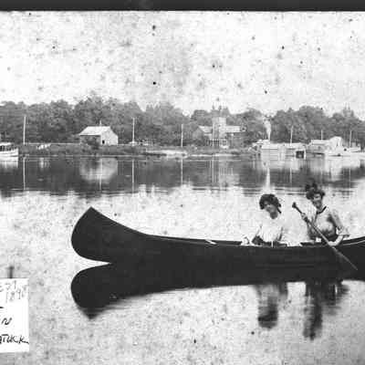Deam37.jpg 3.3MB: Mrs. F. Comstock (Myrtie Shriver) & Julia Shriver on Kalamazoo River, Saugatuck est 1898. Two young women in a canoe. Myrtle Shriver