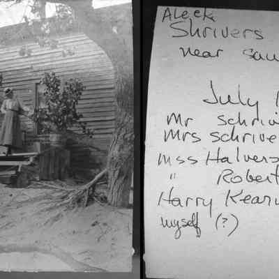 Deam40.jpg 1.8MB: Aleck Shrivers Cottage near Saugatuck Mill July 1897, Mr. Schriver, Mrs. Schriver ? of Mrs F? Comstock, Miss Halverson, Miss Roberts, Harry Kearn? Myself(?)