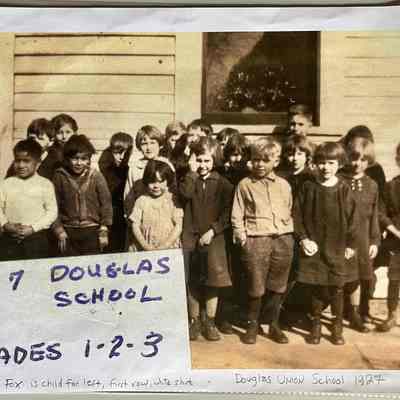 1927 Douglas Union School grades 1, 2 and 3. Johnson Fox is boy in white shirt, far left in front row.
