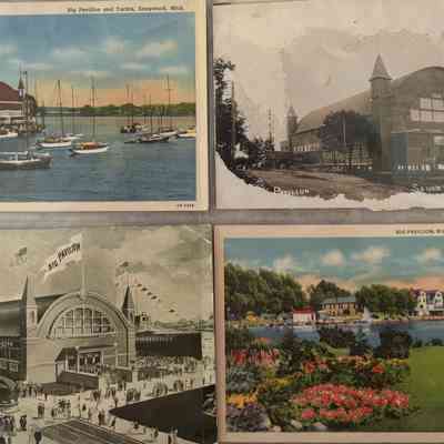 Big Pavilion Sheet 03: The image shows four vintage postcards showcasing Saugatuck, Michigan's Big Pavilion.