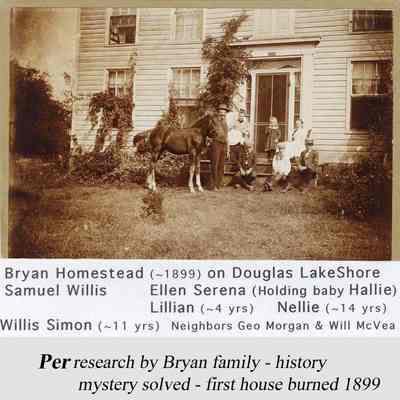 RoseMontMysteryBuilding.jpg 799KB: Circa 1899 photo of the Farmhouse with the Bryan family  posing on the front steps.  Samuel Willison (standing, holding the halter of his horse); His wife Ellen holding baby Hallie;  Lillian (age 3 or 4);  Nellie (sitting); Willis Simon; and two local boys: Geo Morgan and William McVea.  [IDs by Lillian]