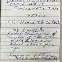          Note with sawblade fragment; 2003 note by Vincent H. Beckman reads 