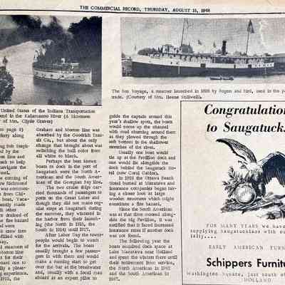 Ships Link Saugatuck With World part 2: Bob Stephenson, Goodrich Transit Company, North American, South American, Georgian Bay Line, overwintering steamships at Pavilion dock, Ottawa Beach Hotel fire 1926, boats moved to Lake Macatawa, United States, Bon Voyag