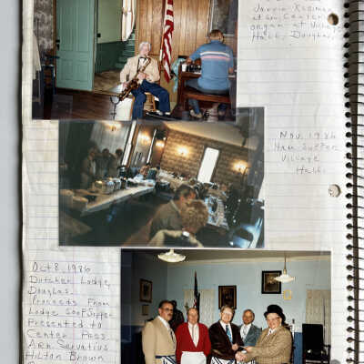 snapshots from 1986: Bill Johnson on sax and Jarrin Kleiman at Centers organ at Village Hall, Douglas. Ham supper village hall. Proceeds from Dutcher Lodge soup supper presented to Center pres. Arn [Arnold] Servatius and Treasurer Hilton Brown. Also pictured Richard Hall, Tom Dine and Maurice Van Os.