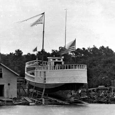 ca 1895 An unidentified vessel built by Rogers and Bird ready for stern launch.: Vessel ready Rogers & Bird yard