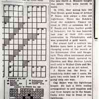          Unsourced email print from Schmiechen papers, part 1; ... them a lease for as long as they wanted to stay there, but when the late David A. Bennett bought the estate they were forced to move.
In 1946, they moved into the Tool House, guest house of Arthur F. Deam, now owner of the old lighthouse. There the Rohde's lived the summers. Clancy retired in 1952 as salesman for J. F. Roads and Sons, leather goods of Delaware, but he was honored last year at their 250-years celebration in Philadelphia and was presented a gold watch.
For almost half a century the Rohdes have been a part of the changing scene at the mouth of the Kalamazoo river and Saugatuck. They often reminisced about the Riverside Hotel, operated by Clarence and May Shriver Lynds until sold to Walter Clute and Mr. Shook for use as an art school.
J. Myers ran the ferry. A round-trip ticket cost 5 cents. He gave two cents back if you were going only one way.
Cap Baker was the lighthouse keeper. He had a little trolley arrangement to pull supples and coal from barges up to the house.
Camp Alice was in front of the lighthouse.
Mr. Pierce was a very old man who fished from a little sailboat.
   