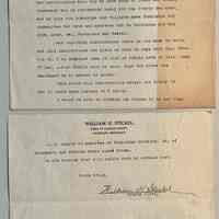          E. Two notes, that may be part of the same correspondence, from William H. Stickel, about rat certificates and rat bounties. Sparrows, crow, hawk, owl, woodchuck and weasel are also mentioned. The first document is dated 13 Sept. 1919 and addressed to W.T. Kimsey. The second document is signed by Mr. Stickel and advises sources for blank books, possibly election materials since J.H. Shults is mentioned, and the sending of the 1919 Public Acts by Parcel Post.
   