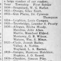          cr1931100208DatesOfFirstSettlementAlleganCounty.jpg; Compiled from History of Allegan and Barry counties.
This was sent in by Congressman John C. Ketcham, who believes it may be of interest to a large number of our readers.
Year  Township First Settler
1830-Saugatuck, W. G. Butler.
1831-Otsego, Giles Ecott.
1832- Gun Plains, Dr. Cyrenus Thompson
1834-Leighton, Louis Campau.
1885-Trowbridge, Leander S. Prouty
1836-Allegan, Elisha Moody.
Mainlius, John Allen.
Martin, Mumford Eldred.
Monterey, G. B. Wilcox.
Watson, Wm. S. Miner.
1837-Clyde, Joseph Bailey.
Valley, A. Nobles.
Wayland, L. A. Barnes.
1838 Ganges, Harrison Hutchins.
Hopkins, J. O. Round.
1839-Cheshire, Simeon Pike.
1841-Fillmore, George N. Smith.
1844 Casco, John Thayer.
Lee, Thomas Scott.
1845-Dorr, N. and O. Goodspeed.
1847-Laketown, H. Kleeman and Company.
1848 Overisel, Rev. S. Bolks and Party.
1850-Heath, Simon Howe.
1851-Salem, M. Straher.
   