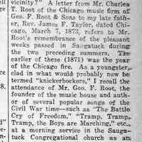          cr1935041201InfoonGeorgeFRoot-atSaug.jpg; William A. Taylor recounting c1872 visit by first resorter Charles T. Root of George F. Root and Sons, a music firm from Chicago.
   