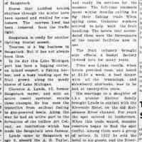          cr1957062101ClarenceLyndsPhoto.jpg; Newspaper article by Don Wood in which long-time resident Clarence Lynds recalls arriving as a child aboard the A.B. Taylor, Fish Town, shipping fruit, Charles Shriver, cutting ice, early hotels including the Riverside Hotel and it's new use as the Ox-Bow Inn.
   