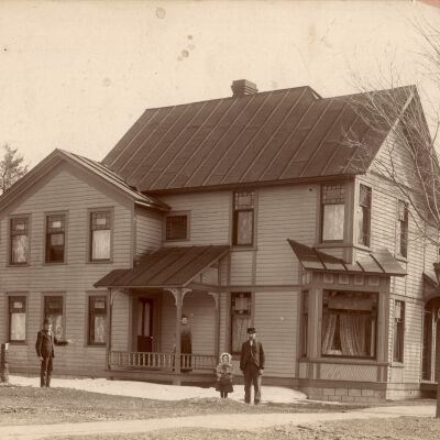 koning-home-1895.jpg 3MB: "This is a scan donated to the historical society by Ron and Bonnie Wilkins. It shows the Koning house on the southeast corner of Butler and Mary Streets. This house can be seen in the 1895 panoramic view of Saugatuck taken from Mt. Baldhead. This house was lost in the fire of 27 Nov 1903. PLEASE NOTE: This is not the house shown on that corner in the scan of a Xerox  copy of a circa 1880 photo of the Nies home and hardware building sent earlier. When and where that house went or if it was razed, is a question."  - James Faasen via email