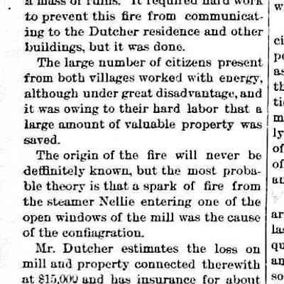 cr1891071701GristMillBurned.jpg: Moore & Dutcher mill, E. Durham, steamer Nellie, R.M. moore
