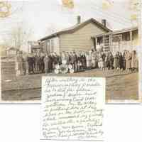          After walking in the Memorial Day parade as he did for years, Joshua J. Brown last surviving Civil War veteran in the area is pictured here at his home on the hill in Saugatuck surrounded by friends, Dr. Walker, etc. & family. On porch Mrs. Brown, Richard Brown, Jennie Brown, Bea Brown, Finch and Harold Finch by the House
See 2023.10.119 for another photo possibly from the same day.
   