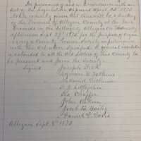          Close up of page 1 entries listing the Pioneer Society officers and founders - Joseph Fisk, Lyman W. Watkins, Nathaniel Dickinson, F.J. Littlejohn, Ira Chaffe, John Askin, Jacob B. Bailey, Daniel D. Davis.
   