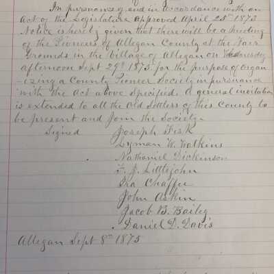 Close up of page 1 entries listing the Pioneer Society officers and founders - Joseph Fisk, Lyman W. Watkins, Nathaniel Dickinson, F.J. Littlejohn, Ira Chaffe, John Askin, Jacob B. Bailey, Daniel D. Davis.