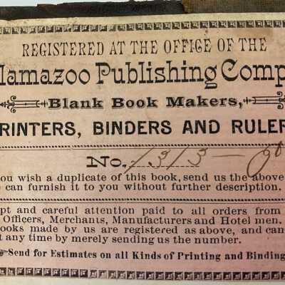Sticker on the inside front cover indicating the book was bound at the Kalamazoo publishing company