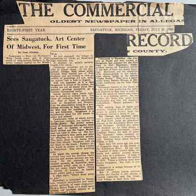 7. Collage of newspaper clipping with masthead from 23 July 1948 pasted across the top: "Sees Saugatuck, Art Center Of Midwest, For First Time" by Gene Alleman