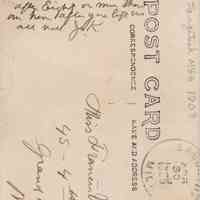          Koning buildings postcard back 664KB; Postcard written by Miss Francis Van Zoeren, likely related to Mary (Van Zoeren) Koning 1860-1939
