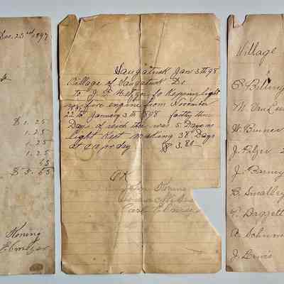 H. 1897 invoice for J. Sanders work done in December
G. 1898 invoice for keeping light in fire engine
F. 1897 list of Village yardage account - C. Billings, M. Van Leenwen, W. Bruner, J. Palzer, J. Barney, B. Smalley, Daggett, A Schuman, J. Lewis