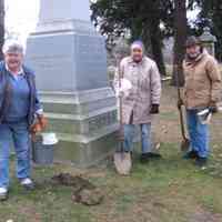          Joy Muehlenbeck, Jackie Ladwein, and Charlie Hancock; A project announced in last month's newsletter came to fruition the day after Thanksgiving, when a group of volunteers braved the sub freezing temperature to plant daffodil bulbs at the graves of folk with no one to care for them in the area.  Original plans to plant a dozen bulbs at a dozen graves was expanded, when HuntTree donated 18 dozen more bulbs, bring the total plots involved to 30.  Joy Muehlenbeck, Jackie Ladwein, Doreen and Nathan Tubergen, Charlie Hancock  and Chris Yoder planted a dozen daffodils at grave plots in Saugatuck's Riverside cemetery,  Douglas, and the Taylor cemetery south of town.
​Plots were selected for people who either have no living descendants, or whose family has moved away. Some people chosen were prominent ones like:  Saugatuck founder William Gay Butler (1799-1857); George T Arnold (1846 -1921) founder of a Mackinac Island Ferry still in operation and his wife Susan (1854-1932)-; Wm (1883-1941) and Alys (1904-1941) Springer- 1930s owners of  