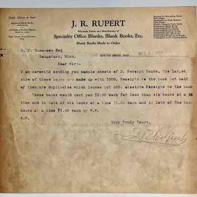 F. March 4, 1922 note from J.R. Rupert of South Bend, Indiana to H.C. Simonson  about purchasing receipt books.