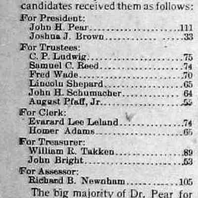 cr1900031601SaugatuckElectionResults.jpg: 1900 Saugatuck village elections results: John H. Pear, Joshua J. Brown, C.P. Ludwig, Samuel C. Reed, Fred Wade, Lincoln Shepard, John H. Hschumacher, August Pfaff Jr. Evarard Lee Leland, Homer Adams, William R. Takken, John Bright, Richard B. Newnham