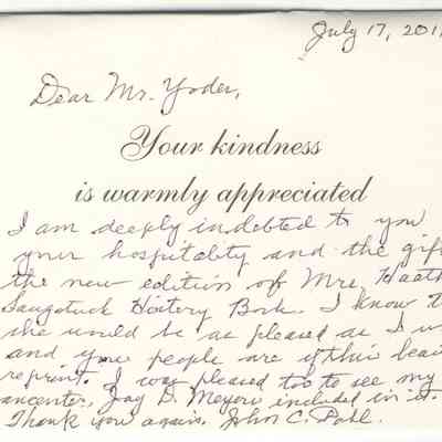 JohnPahl.jpg 605KB: A highlight of the event was the comments by 90-year-old John Pahl, former president of the Allegan County Historical Society, who knew Mrs. Heath and admired her greatly. He told of how in the late 1950s he approached the octogenarian for assistance in saving the Civil War Monument at the County Courthouse from being moved off to place of less honor. He told her they might be in for a fight to stop it, and May's reply was an emphatic "I'm always ready to fight for history!" She helped muster public opinion and won over the county board to their position.
