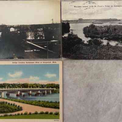 View of Douglas Michigan - date unknown , Wooded Island with St. Pierr’s Point in distance , Douglas Michigan with postage stamp dated 1908 , Bridge crossing Kalamazoo River at Saugatuck , Michigan Sheet 11