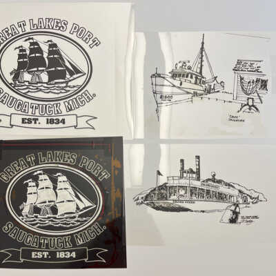 negatives and positives for "Great Lakes Port" design and Cisco and Island Queen illustrations.