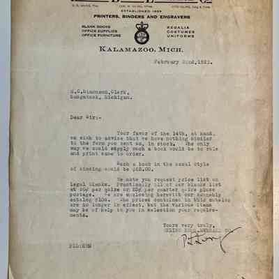 G. Feb. 22, 1922 letter from Ihling Bros. Everard Co. of Kalamazoo to H.C. Simonson  about purchasing form books.