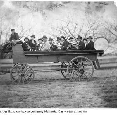 The band - back of Eagle house.jpg 6.6MB: Ganges Band on the way to cemetery Memorial Day - year unknown. Digital scan from 2021.72