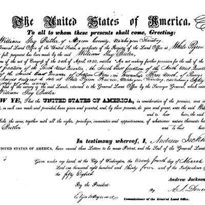 383KB: Caption from website:
The example above shows a scaled down version of one of the images of the land grants available through the Bureau of Land Management web site. The images are all about 2390 by 1520 pixels and are in pdf form and on average are about 260 kb. This example is the land grant issued to William Gay Butler for the lands in Section 9 that would become the Kalamazoo plat of what was first called Kalamazoo, then changed in 1835 to Newark, and then finally called Saugatuck. The number at the top left, 1537 is the document number. These numbers are referenced on the above map and can be used at the BLM site to look up a specific Land Grant.

Alternate caption from SDHS newsletter insert:
A copy of the Letters of Patent for most of the site of Saugatuck. Note in the upper left hand corner that it is land he was privileged to purchase because of a preemption. He had, prior to entering it, lived on the land and improved it.