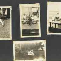          ES60016.JPG 1.1MB; Top center - L to R: Lucille (Tweet), a toddler cousin, Lucille's father Reuben Sewers Sr., an infant maybe Bud, and Jean Sewers. They are sitting on a bench in front of a fish net drying on a reel.
   