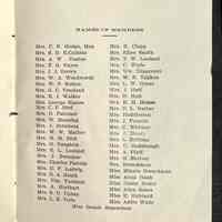          Program 1907-1908; Mrs. C. E. Hodge, Hon
Mrs. S. D. E.Calkins 
Mrs. A. W . Coates 
Mrs. F. G. Hayes 
Mrs. J. J. Brown
Mrs. W. A. Woodworth
Mrs. W. P. Sutton 
Mrs. G. C. Vreeland 
Mrs. R. J. Walker 
Mrs. George Hames
Mrs. C. E .Bird
Mrs. D. Falconer 
Mrs. W. Manning 
Mrs. J. Schaberg
Mrs. W. W. Mather
Mrs. H. M. Bird 
Mrs. H. Naughtin
Mrs. E. L. Leeland 
Mrs. J. Zweemer
Mrs. Charles Parrish
Mrs. D. F. Ludwig 
Mrs. D. A. Heath
Mrs. Wm. Turnbull
Mrs. A. Hurlburt 
Mrs. S. D. Uphan 
Mrs. L. E. Veits
Mrs. R. Clapp
Mrs. Ellen Smith
Mrs. T. W. Leeland
Mrs. C. Wade
Mrs. Ww. Edgecomb
Mrs. W. R. Takken 
Mrs. L. W. Grant
Wrs. J. Huff 
Mrs. H. Holt
Mrs. E. H. House 
Mrs. D. L. Barber 
Mrs. Huddleston
Mrs. J. Francis 
Mrs. C. Whitney
Mrs. J. Henry
Mrs. L. Brittian
Mrs. C. Redabaugh
Mrs. A. Pfaff
Mrs. H. Shriver 
Mrs. Breuckman
Miss Minnie Breuckman
Miss Anna Haub
Miss Helen Henry
Miss Alice Baker
Miss E. Hubbard
Miss Addie Wade
Miss Bessie Samuelson
   