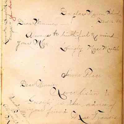 Barr-WCAutbk-11-MaeMartel-MaeFrancis.JPG 606KB: page inscribed by Mae Martel and May Francis
"Always be truthful, and mind your Ma"

-Mae Martel, Douglas Union School, Dec. 16, 1890
