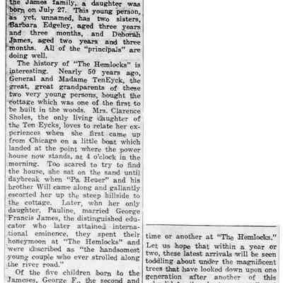 cr1940080204TheHemlocks.jpg: 1897 - The Weed Cottage at the Park has been sold to Col. TenEyck of Chicago. CR 6 Aug 1897
1897 - Relatives of Col. TenEyck buy two  park lots. CR 1 Oct  1897