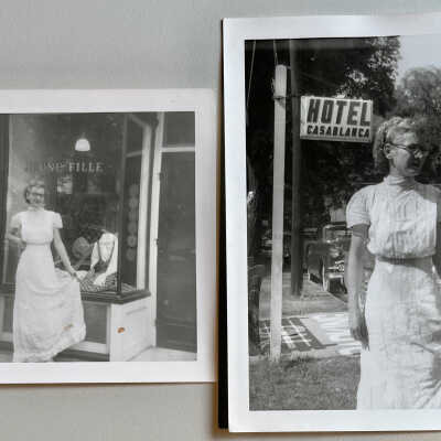 5-6: Ann Diepenhorst in a long lacy gown posed in front of the Jeune Fille [young girl, fair maiden] dress shop. Handwritten note on photo back "Mrs. Ann Diepenhorst, our girl, Jeune Fille manager, to lite huh