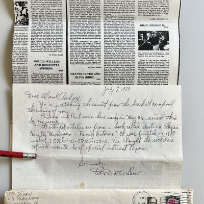 July 1989 letter to Edwin Kamps from Ted Shaw with photocopies of pages from Kit Lane's History of Western Allegan County about George Gray, William & Lynn Lankton, Rowena (Walker) Markham, Edna Walker and Roderick Walker