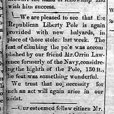 cr1868092604OrrinLawrenceClimbsLibertyPole.jpg: 1868 Sailor sees new flagpole as a challenge