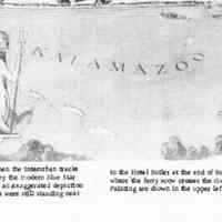 An "Intimate" and slightly fanciful map of Saugatuck drawn sometime between 1927 (when the Interurban tracks were removed) and 1938 (when the swing bridge in the lower right hand corner was replaced by the modern Blue Star Highway bridge) by the late Fred Stearns of Chicago and Saugatuck. Note in the upper right an exaggerated depletion of The Big Pool, built at North and Elizabeth streets In 1927. The lumber company building were still standing next to the Hotel Butler at the end of Butler street, and a Graham and Morton boat is ted up by the warehouse south of where 'the ferry scow crosses the river with a car. The lighthouse and the building of the Ox-Bow Summer School of Painting are shown in the upper left just above an exceptionally bald Mt. Baldhead.
