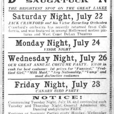cr1933072101Costume-crop-tu.jpg 233KB: Wednesday Night, July 26
Our great annual costume party. $50.00 in cash for best costumes. 1st prizes for Funniest, Prettiest Girl, Milk Maid, Any Nationality, Vamp and most distinctive costumes.