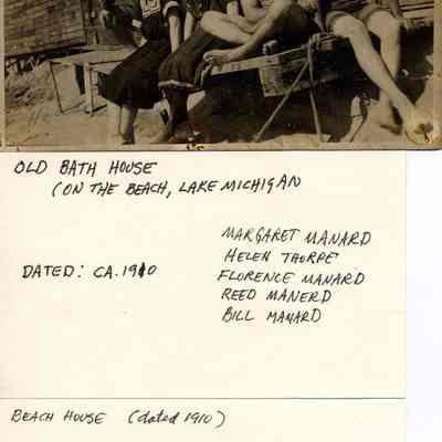 89-1-23.jpg 703KB: Old Bath House Dated ca. 1910 Margaret Manard, Helen Thorpe, Florence Manard, Reed Manerd, Bill Manard