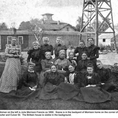Kontio_Morrison_with_women_ca_1890.jpg 371KB: Woman on the left is Julia Morrison Francis ca 1890. Scene is in the backyard of Morrison home on the corner of Butler and Culver St. The Brittain house is visible in the background.