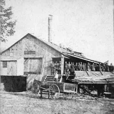Griffen_-_Henry_mill_RTR.jpg 2MB: Workers lined up on the mill's porch with a horse-drawn wagon in the foreground. Print of this image 89-1-99_Griffin_Henry_Mill.jpg in box 31
Digital file on Jack Sheridan Drive 2021.72.02 from RJ&Diane Peterson collection.