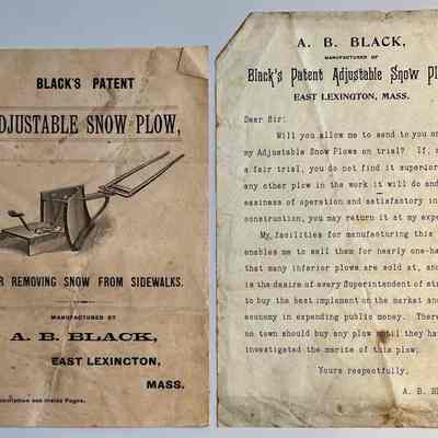 H. and I. Brochure and form letter about Black's Patent Adjustable Snow Plow for removing snow from sidewalks.
