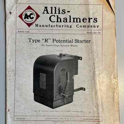 J. Brochure from Allis-Chalmers Manufacturing Company, Milwaukee, Wisconsin, about type "R" potential starter for squirrel cage induction motors. Dated June 1927.